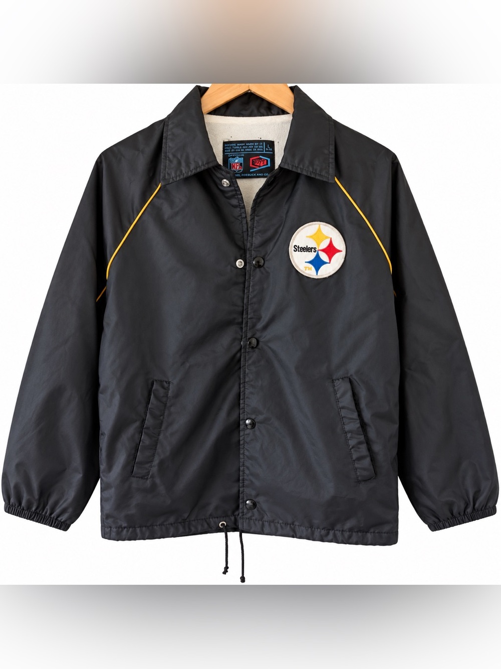 Vintage Pittsburgh Steelers Sears NFL Boys Coach Jacket Black Gold L 14-16